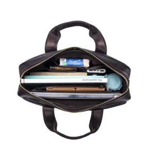 Detailed top-down view of men's genuine leather briefcase showing organized interior capacity.