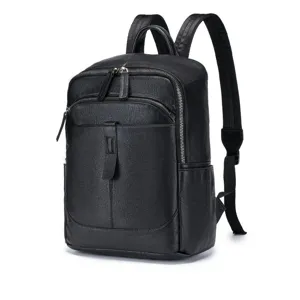 Detailed view of the black leather backpack showcasing durable zipper and fine texture.