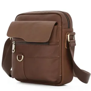 Vintage genuine leather messenger bag for men, brown cross body shoulder bag with flap.