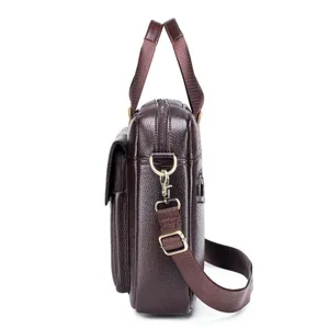 Men leather briefcase side view, casual shoulder messenger bag with top handle and durable strap.