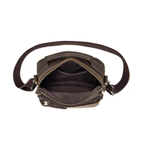 Detailed top view of the brown leather messenger bag showing multi-compartment interior.