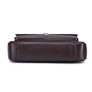 Detailed bottom view of a dark brown genuine leather men's business briefcase with fine texture.