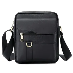 Men leather crossbody bag detail view, black vintage messenger shoulder bag with zipper and flap.