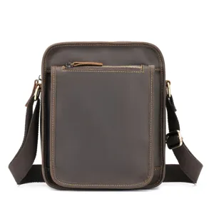 Men's vertical leather crossbody bag, vintage crazy horse cowhide single shoulder bag.