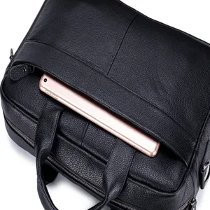 Black genuine leather business briefcase for men, soft cowhide laptop bag with pocket.