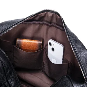 Men genuine leather shoulder bag interior detail showcase business briefcase with multiple pockets.