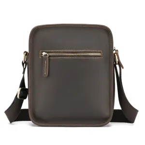 Genuine leather men vertical crossbody bag vintage casual shoulder bag with metal zipper pocket.
