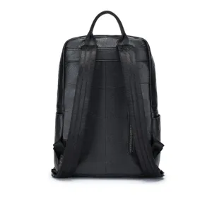 Detailed rear view of a black genuine leather business casual backpack with straps.
