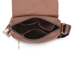 Premium brown leather men's messenger bag interior detail with multi compartments and zippers.