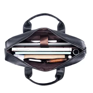 Men's leather briefcase interior detail, black cowhide business laptop bag with multi compartments.