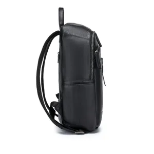 Side view detail of minimalist black genuine leather men's backpack, large capacity business casual.