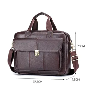 Mens brown leather briefcase business laptop bag casual crossbody shoulder bag 37.5x28cm