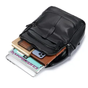Detailed view of the black leather backpack showing large capacity and multi-pocket design.