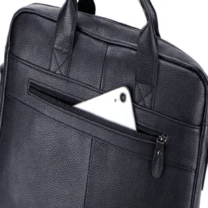 Detailed view of black genuine leather men business briefcase zipper pocket and double handles.