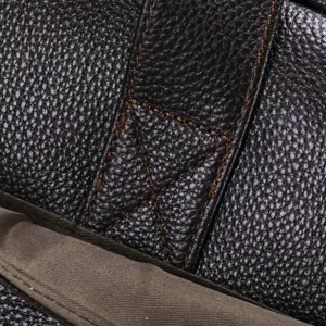 Genuine leather briefcase detail shot showing premium brown texture and durable stitching lines.