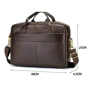 Genuine leather briefcase detail view showcasing premium texture, metal hardware and size.