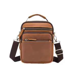 Mens vintage genuine leather crossbody shoulder bag with multi-pockets and handle
