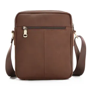 Brown leather men shoulder bag detail view, vintage cross-body messenger bag with zipper pocket.
