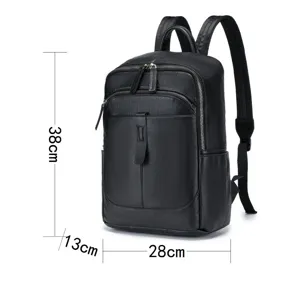 Stylish black leather casual business backpack, large capacity travel laptop bag 38x28cm.