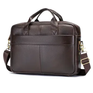 Men's genuine leather briefcase and laptop messenger bag in dark brown, professional style.