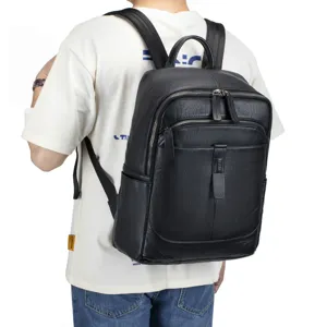 Genuine leather minimalist men backpack for business travel and daily casual school use.