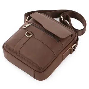 Genuine leather retro men's crossbody shoulder bag featuring flap and front zip pocket.