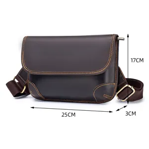 Detailed view of the dark brown genuine leather men messenger bag with contrast stitching.