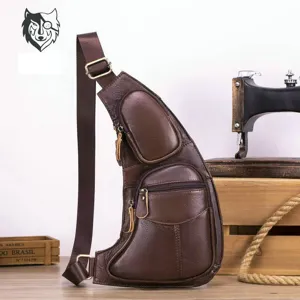 Sac de Poitrine en Cuir Véritable pour Hommes Sac Bandoulière Simple Casual Multifonctionnel Voyage d'Affaires Sling Bag
