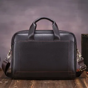 Dark brown leather business briefcase for men, laptop and travel bag with shoulder strap
