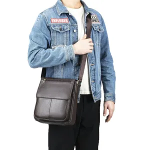 Men's genuine leather crossbody bag retro brown flap shoulder bag for casual daily commuter