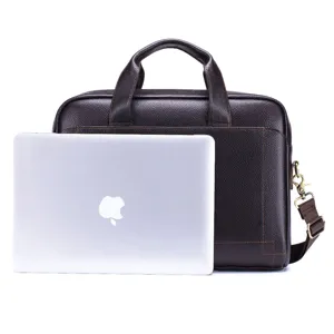 Genuine leather business briefcase for men, laptop messenger bag with shoulder strap.
