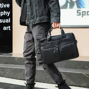 Genuine leather business briefcase for men, stylish black messenger bag with double handles.