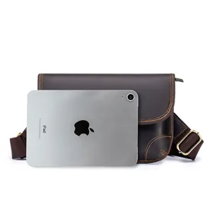 Men brown leather cross-body bag casual vintage messenger bag with tablet scale detail.