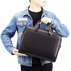 Men genuine leather business briefcase vintage laptop bag work office messenger bag brown