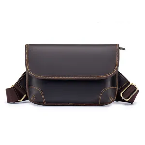 Men's vintage brown leather shoulder bag, casual crossbody chest bag with adjustable strap.