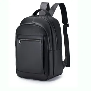 Detailed view of the black leather backpack showcasing fine texture, durable zippers, and strap.