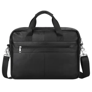 Men genuine leather business briefcase 15 inch laptop bag shoulder messenger bag detail view.