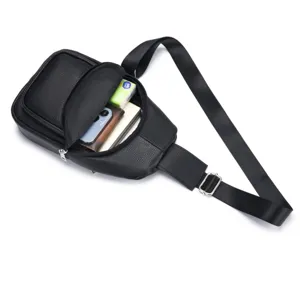 Detail view of genuine leather men chest bag sling backpack with spacious compartments.