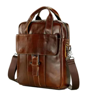 Genuine leather mens business briefcase laptop bag vintage brown top handle messenger bag