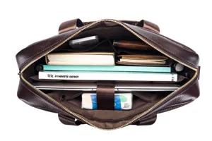 Top grain leather men business briefcase laptop bag large capacity shoulder messenger bag interior view