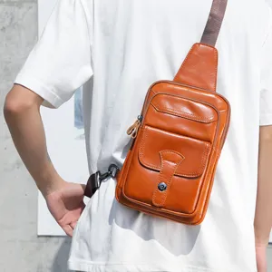 Bolso de pecho de cuero de vaca retro para hombre, bolso bandolera informal para uso diario urbano.