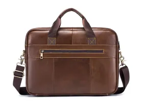 Detailed close-up view of the brown leather business briefcase with handle and strap.