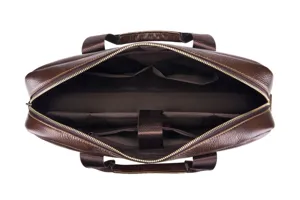 Detailed view of the dark brown leather mens business briefcase interior compartments.