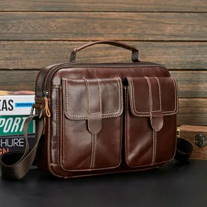 Men's brown leather messenger bag with multi pockets, stylish business crossbody shoulder bag.