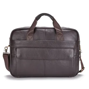 Genuine leather men's business briefcase laptop shoulder bag with top handle and strap.