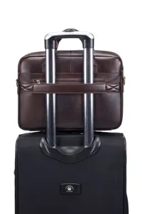 Genuine leather business briefcase for men with luggage strap brown laptop bag detail view