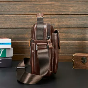 Men's genuine leather shoulder bag, casual crossbody messenger bag, vintage brown design.