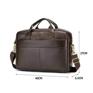 Close-up detail of premium brown leather business briefcase with size dimensions and sturdy handle.