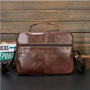 Genuine leather business casual crossbody shoulder bag for men, detailed texture view.