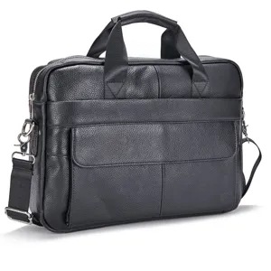 Detailed view of black genuine leather business briefcase with handle and metal hardware hooks.